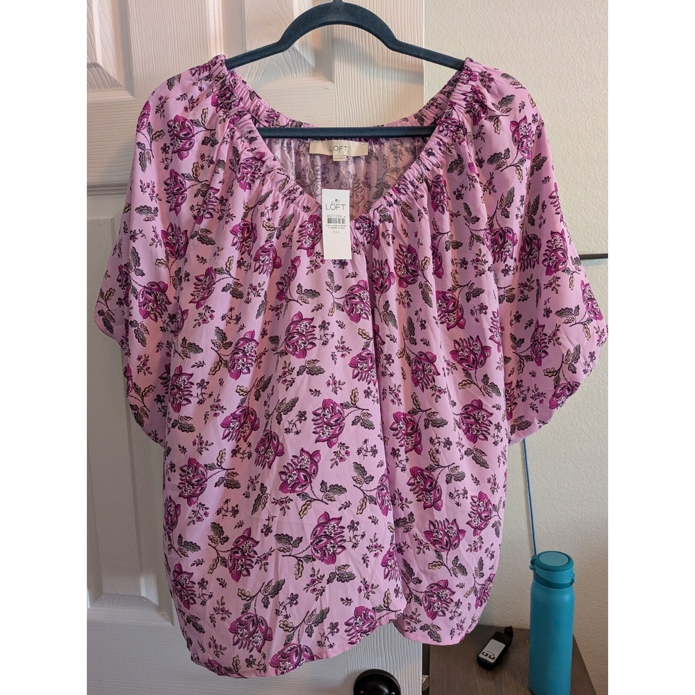 LOFT Blouse Women XXL Pink Floral Elastic Neck Mixed Media Short Sleeve Top